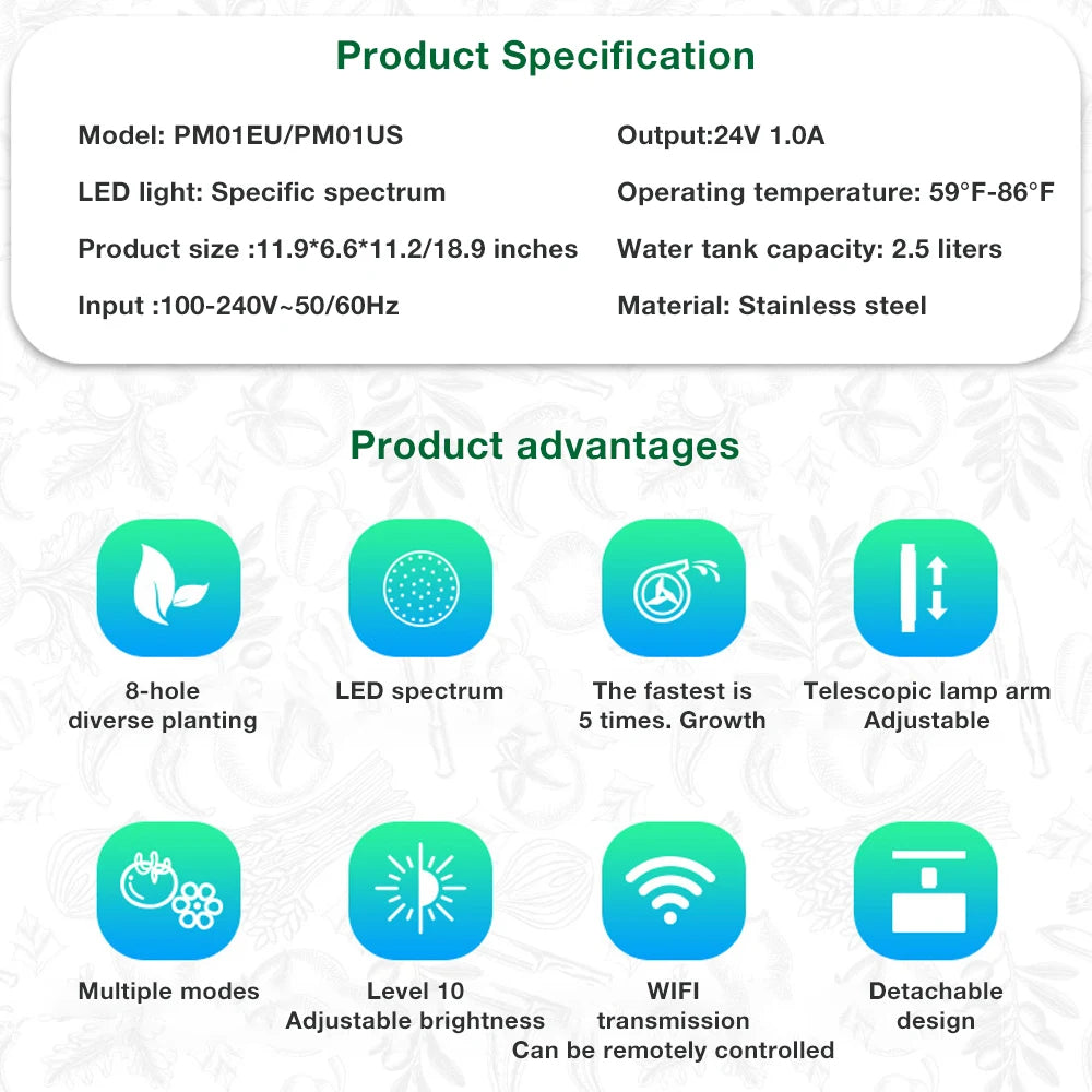 WiFi Hydroponics Growing System 8 Pods Indoor Garden Herbs Soilless Planting Gardening Box with Spectrum LED Grow Lights