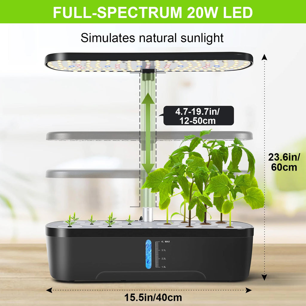 8/12 Pods Hydroponics Growing System Herb Garden Kit Indoor Adjustable Height Automatic Timer 20W LED Grow Lights 4L Water Tank