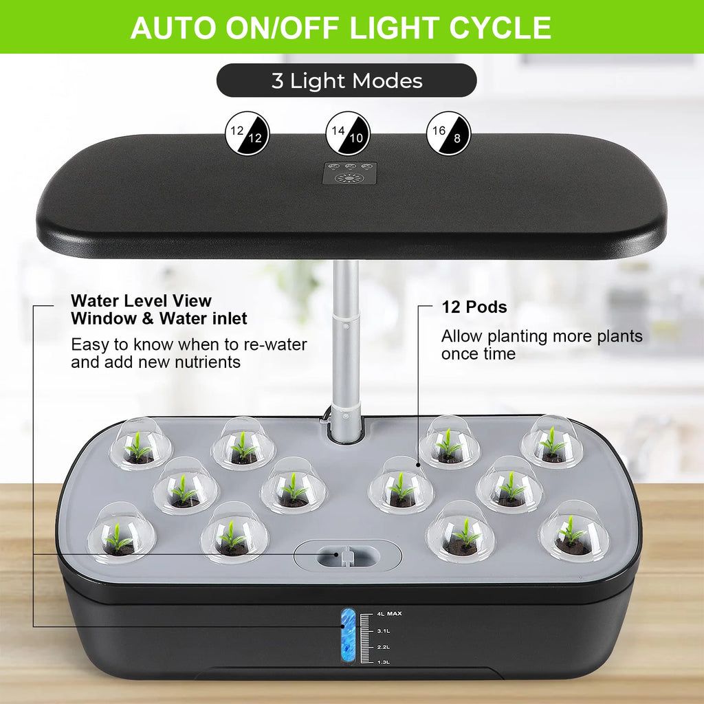 8/12 Pods Hydroponics Growing System Herb Garden Kit Indoor Adjustable Height Automatic Timer 20W LED Grow Lights 4L Water Tank
