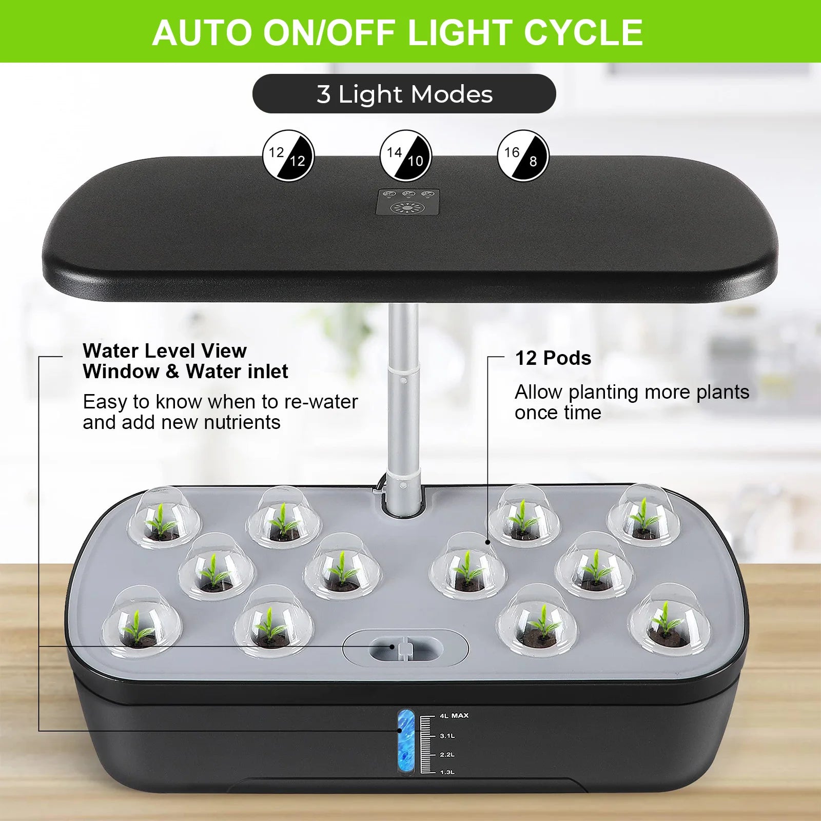 8/12 Pods Hydroponics Growing System Herb Garden Kit Indoor Adjustable Height Automatic Timer 20W LED Grow Lights 4L Water Tank