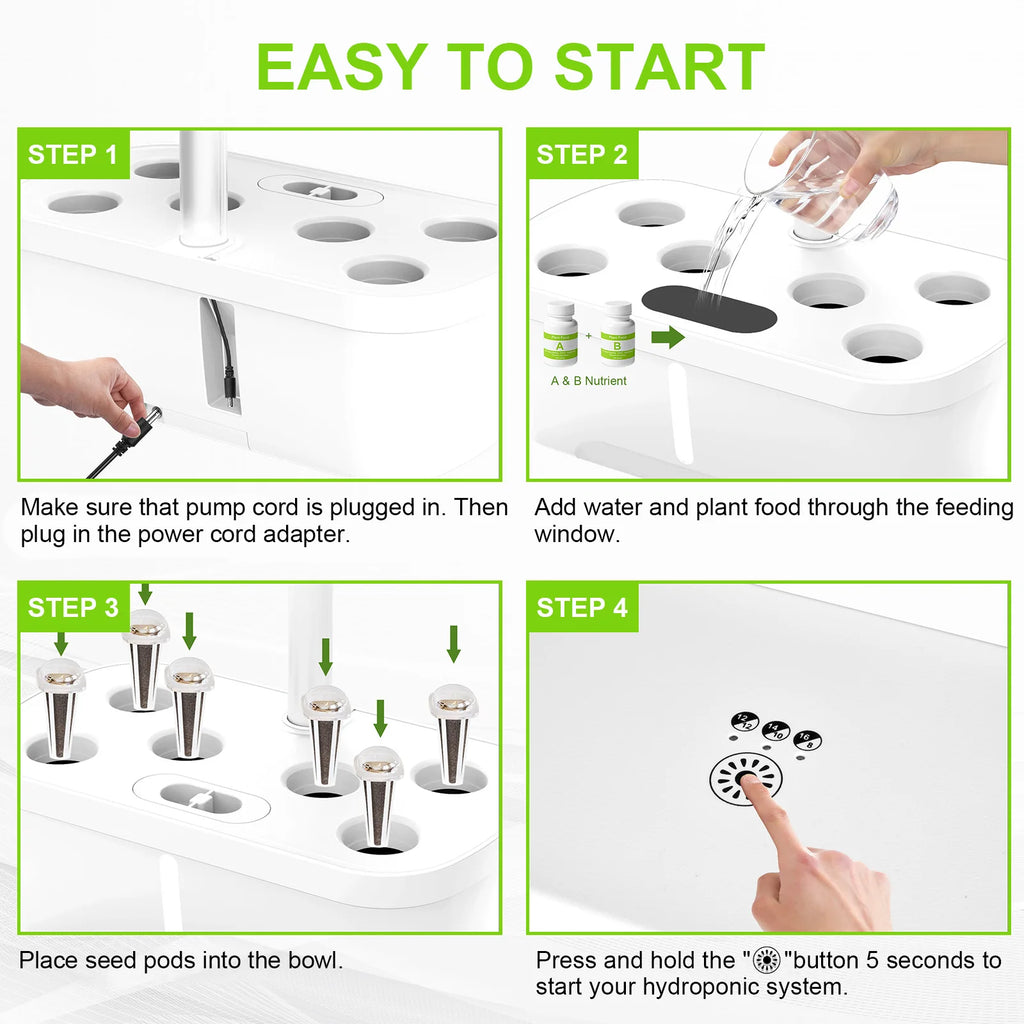 8/12 Pods Hydroponics Growing System Herb Garden Kit Indoor Adjustable Height Automatic Timer 20W LED Grow Lights 4L Water Tank